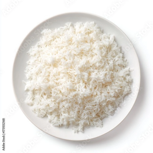 Fototapeta A close-up overhead shot of a simple plate of cooked white rice