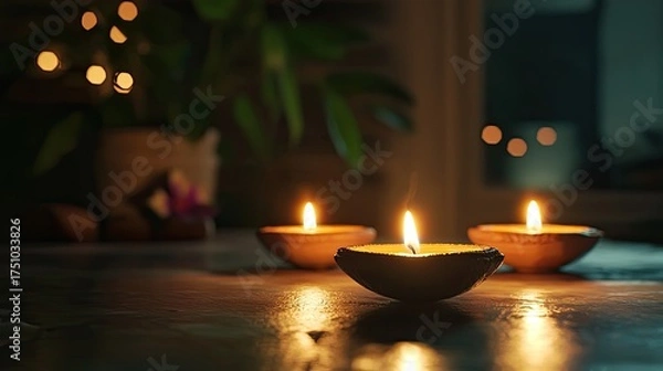 Fototapeta Three lit candles on a table with a plant in the background.