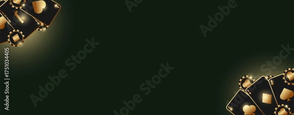 Fototapeta A background for casino or card games. Dark green background with black cards with gold trim.