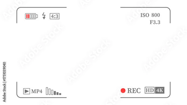 Fototapeta Detailed Digital Camcorder Recording Viewfinder Display with Battery, ISO, F-Stop, REC, HD, 4K Indicators on Transparent Background