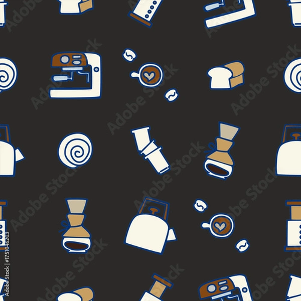 Obraz Cute seamless pattern of coffee makers, mugs, and cafe treats in warm tones. Perfect for wallpapers, packaging, or cafe branding design.
