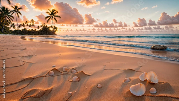 Obraz Tropical beach sunset with seashells on sand