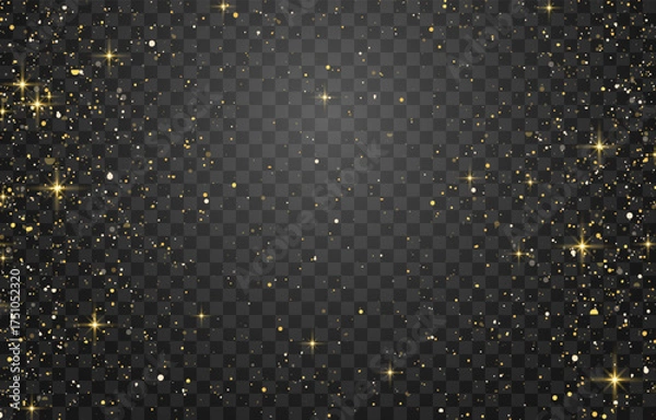 Fototapeta Glitter gold particles shine effect on png background. Vector gold glitter particles effect and texture. Stardust amber particles color on transparent background. Golden explosion of confetti.