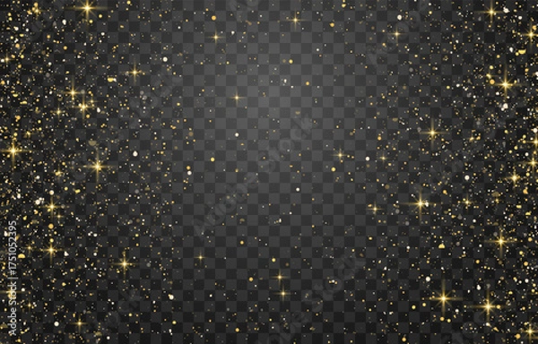 Fototapeta Glitter gold particles shine effect on png background. Vector gold glitter particles effect and texture. Stardust amber particles color on transparent background. Golden explosion of confetti.