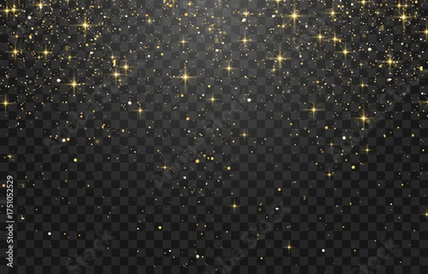 Fototapeta Glitter gold particles shine effect on png background. Vector gold glitter particles effect and texture. Stardust amber particles color on transparent background. Golden explosion of confetti.