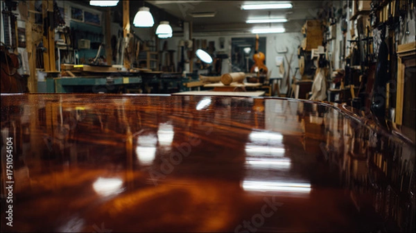 Fototapeta woodwork. A beautifully crafted wooden table with a smooth, reflective varnished surface. product launch decks, UI/UX mockups, designed for data visualization dashboards and holographic UIs.
