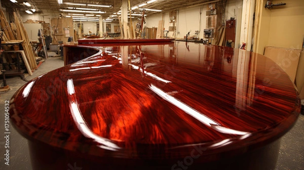 Obraz woodwork. A beautifully crafted wooden table with a smooth, reflective varnished surface. product launch decks, UI/UX mockups, designed for data visualization dashboards and holographic UIs.
