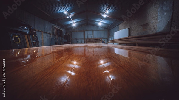 Obraz woodwork. A beautifully crafted wooden table with a smooth, reflective varnished surface. product launch decks, UI/UX mockups, designed for data visualization dashboards and holographic UIs.
