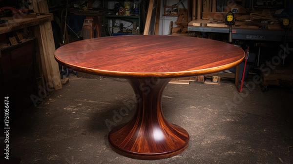 Obraz woodwork. A beautifully crafted wooden table with a smooth, reflective varnished surface. product launch decks, UI/UX mockups, designed for data visualization dashboards and holographic UIs.
