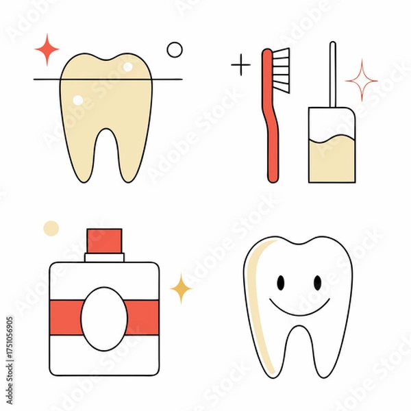 Obraz Dental care and oral hygiene icon set with tooth toothbrush and mouthwash illustrations.