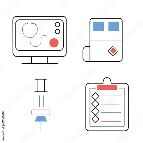 Obraz Medical Icons Computer Syringe Clipboard and Medical Cabinet.