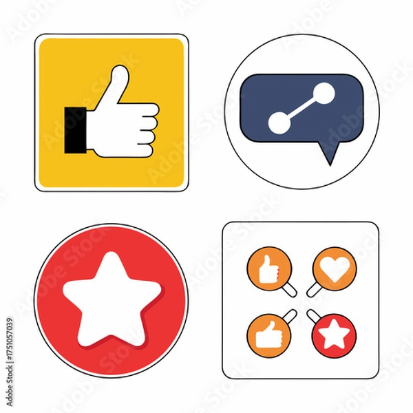 Obraz Social Media Interaction Icons Set ThumbsUp Share Star and Reaction Magnifying Glasses.
