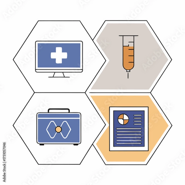 Obraz Modern Medical and Healthcare Icons Set with Computer Syringe First Aid Kit and Report in Hexagonal Grid.