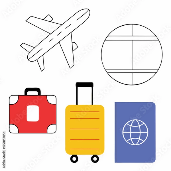 Obraz Travel Icons Airplane Globe Suitcases and Passport.