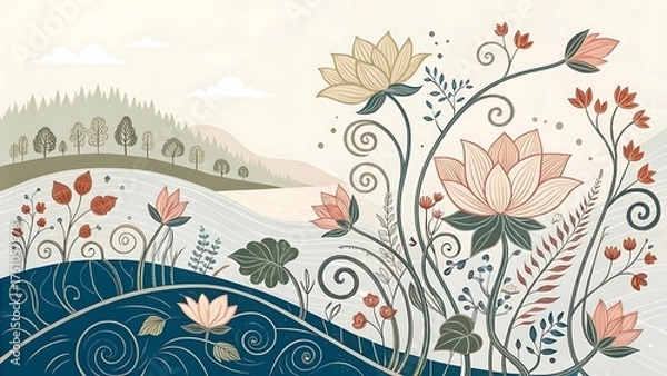 Fototapeta Elegant floral illustration of nature scenery with lake and mountains