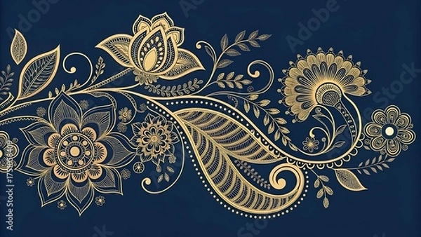 Obraz Elegant floral pattern in gold against a dark blue background design