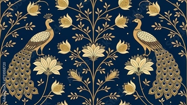 Fototapeta Elegant peacock and floral pattern in gold and navy for backgrounds