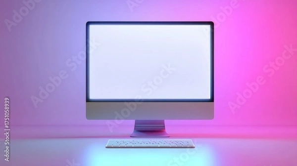 Fototapeta Modern sleek computer monitor with blank screen, illuminated in vibrant pink and blue tones, ready for digital creativity and workspace innovation