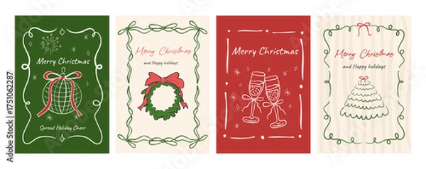 Fototapeta Hand drawn la dolce vita Christmas doodles. Vector cards with bows and candles. Minimalist winter line art. Trendy Coquette posters set. Whimsical tree with satin bows