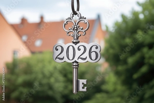 Obraz A key engraved with 2026 hangs against a blurred house backdrop, ideal for real estate ads or financial planning.