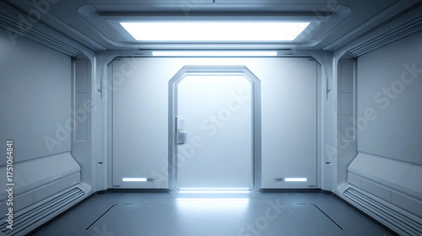 Obraz decontamination. An airlock door closing with faint mist in a pristine white isolation chamber. product launch decks, UI/UX mockups, designed for data visualization dashboards and holographic UIs.
