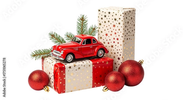 Fototapeta Red toy car on gift boxes with Christmas ornaments and evergreen sprig