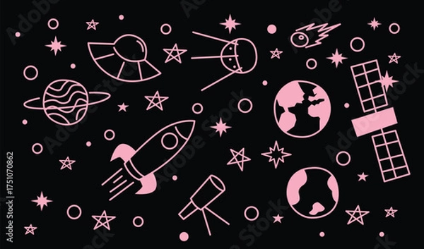 Obraz Cosmic Space Pattern with ufo, satellite, planet, and comet in the dark background