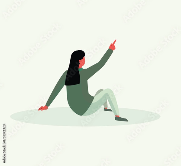 Obraz Woman Sitting and Pointing Upwards