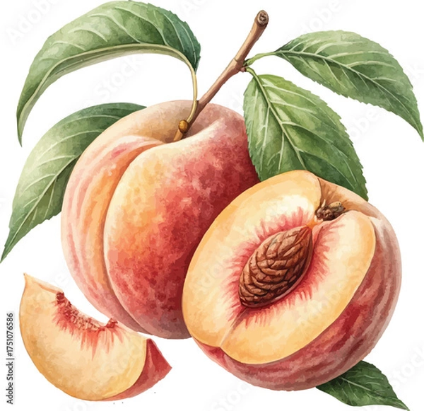 Obraz Watercolor Peaches with Leaves – Hand Painted Botanical Fruit Illustration
