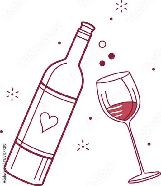Obraz Wine Bottle and Glass Illustration – Romantic Red Wine Vector Art