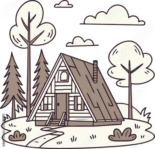 Obraz A-Frame Cabin in Forest Illustration – Cozy Woodland House Vector Art