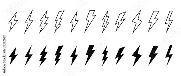 Fototapeta Lightning icons. Black and outlined lightning bolt icons in various sharp shapes. Energy, danger, electricity, and power symbol for UI, logos, weather, alerts concept. vector illustration eps file