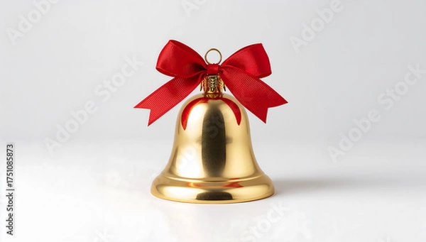 Obraz gold christmas bell ornament with red ribbon on white background