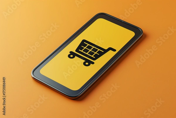 Fototapeta A tablet device lays flat on a bright orange background, displaying a shopping cart icon on its screen. This setup highlights the convenience of online shopping in today's digital world
