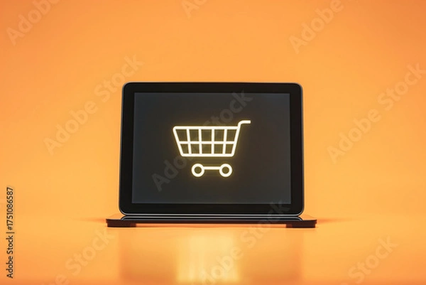 Fototapeta The tablet device sits in a minimal stock studio environment, showcasing a glowing shopping cart icon against a vibrant orange background. It highlights online shopping trends and technology