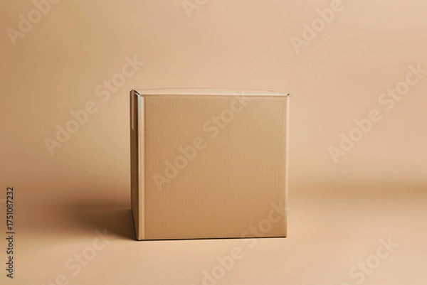 Fototapeta Cardboard delivery box sits prominently against a smooth, neutral backdrop in a minimal studio environment. The design emphasizes clean lines and simplicity, ideal for packaging concepts