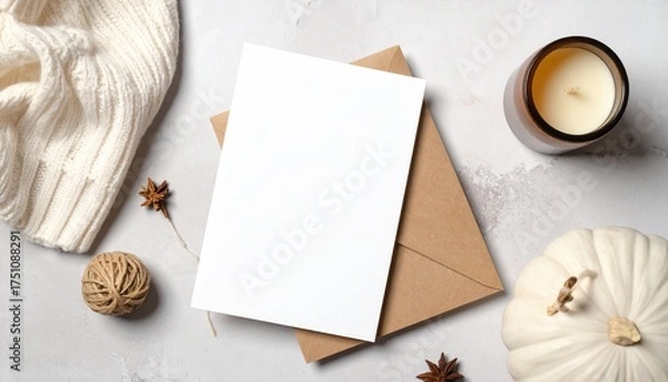 Fototapeta Flat lay of Thanksgiving greeting card mockup with pumpkin and candle. Ideal for festive, warm, and seasonal graphic design use