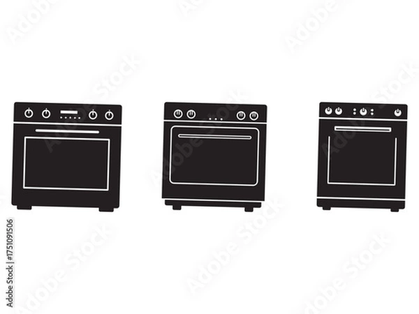 Obraz Three Different Stove Icons Black and White Illustration Kitchen Appliances Cooking Equipment Food Preparation Vector Art Minimalist Design