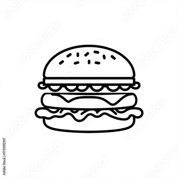 Fototapeta Illustration of a classic burger with sesame seeds in black and white outline