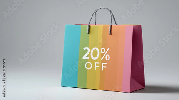 Obraz Rainbow striped shopping bag featuring 20% off text, representing savings, promotions, consumerism, and retail