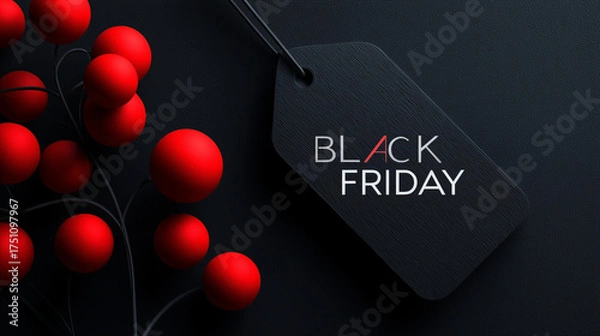 Fototapeta Black Friday sale offering shopping discounts on a textured tag with decorative red balls, promoting retail promotions