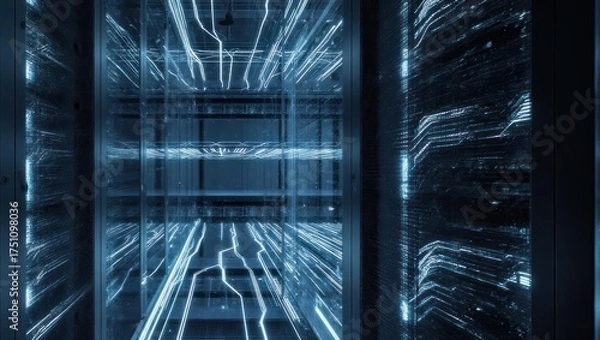 Fototapeta A futuristic server room showcasing intricate electrical pathways illuminated with blue light