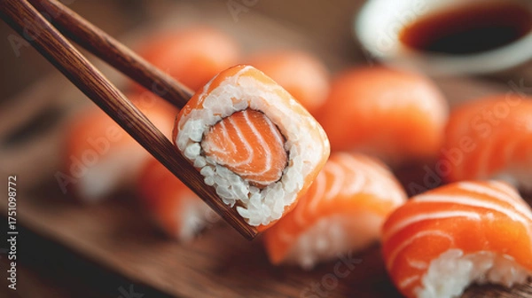 Obraz Sushi maki roll with salmon and rice lifted by wooden chopsticks, fresh Japanese food culture concept