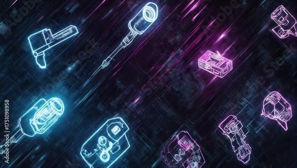 Fototapeta Futuristic, neon-outlined tech components scattered across a digital, textured background
