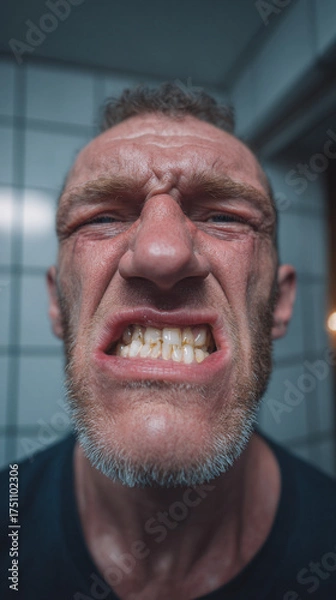 Fototapeta A man bares his teeth while trembling, his body jolting with spasms as he shakes his head in sharp, jerky movements