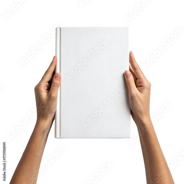 Fototapeta Two Hands Holding a Closed Blank Hardcover Book – Minimal Mockup for Cover Design and Branding Presentation