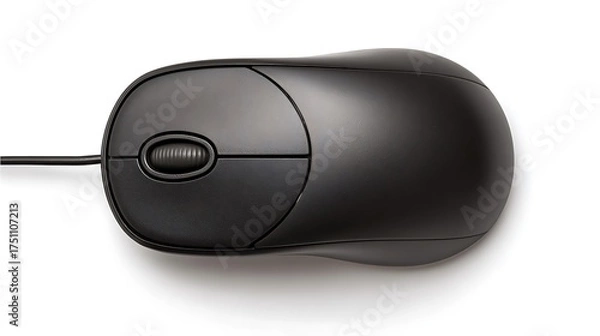 Obraz A close up shot of a black computer mouse on a plain white background
