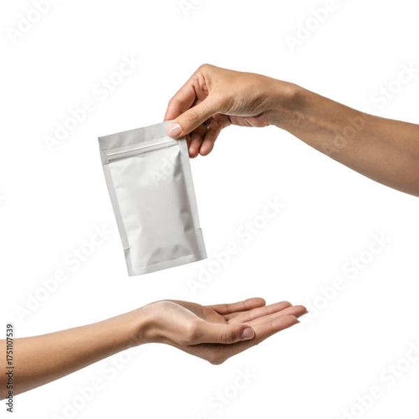 Fototapeta Two Hands Exchanging a Small White Resealable Pouch – Product Packaging and Delivery Concept