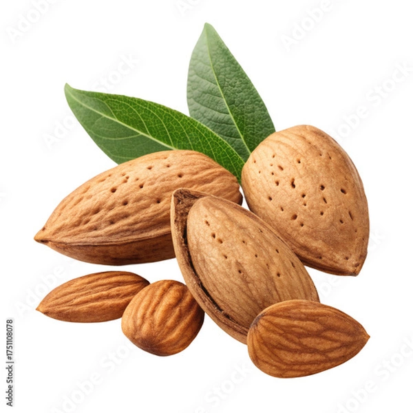 Fototapeta Whole Almonds with Shells and Green Leaves – Fresh Organic Nuts Isolated on White Background
