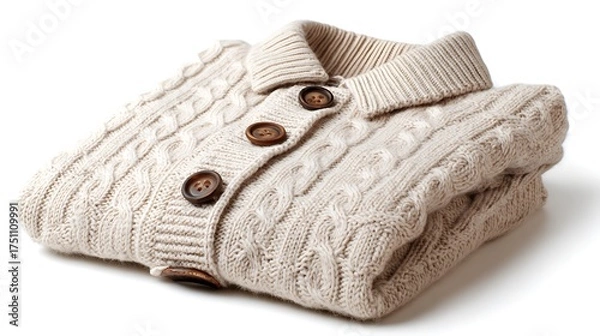 Obraz Folded beige cable knit cardigan with brown buttons on a white surface